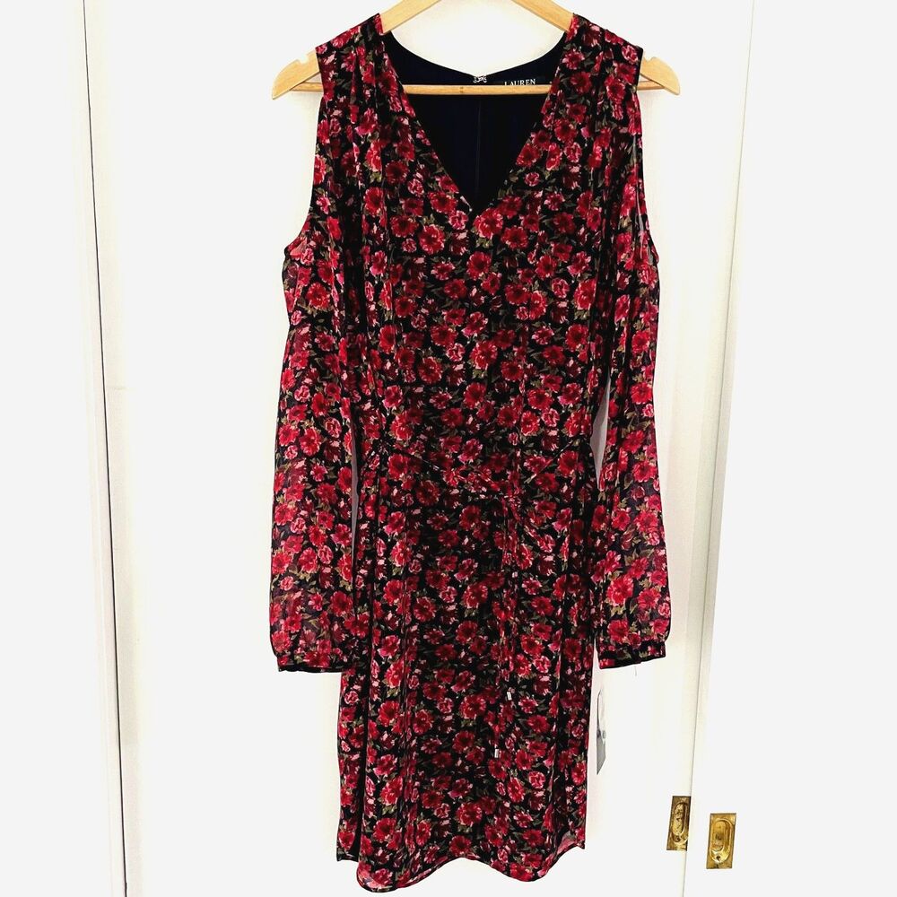 Lauren Ralph Lauren Midi Dress V-Neck Sz 8 Floral Cold Shoulder Chiffon Zip